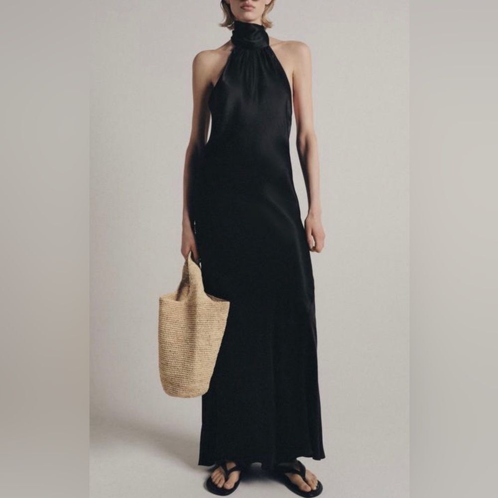 Zara Black Halter Neck Satin Midi Dress